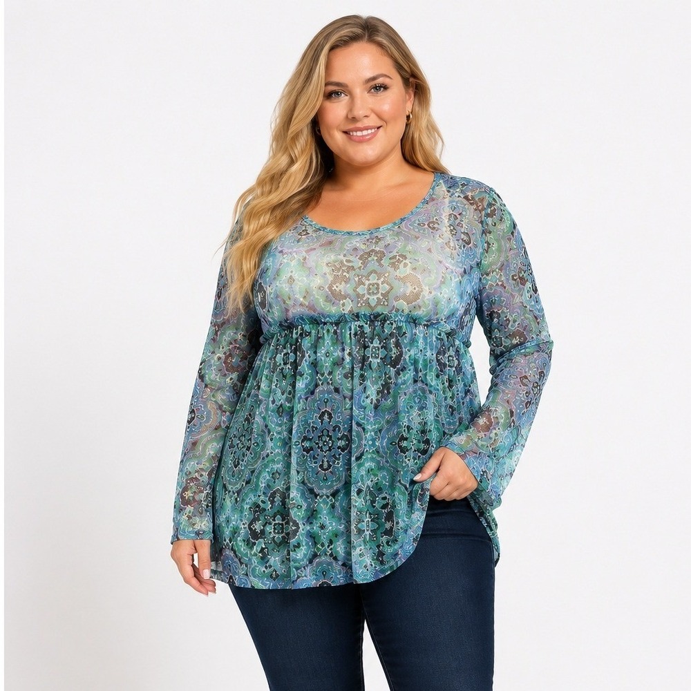 Zoey & Leelo Floral Print Sheer Long Sleeve Scoop Neck Pullover Blouse Size 1X
